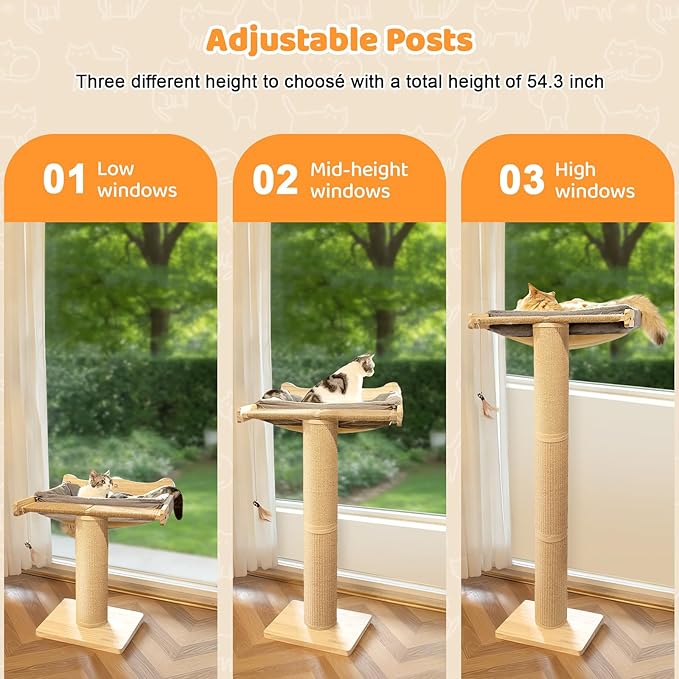 54.3" Cat Window Perch with 3 Adjustable Roman Column Sisal Posts, Gray Rabbit Fleece Cushions, Drill-Free Suction Cups, Multi-Level Bird Watching Perch, 60 lbs Capacity