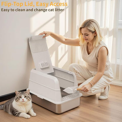 Stainless Steel Litter Box - XL Extra Large Cat Litter Box with Lid, Enclosed Metal Litter Pan with High Sided Enclosure & Scoop, Anti Leakage, Easy to Clean, Odor Control (White)