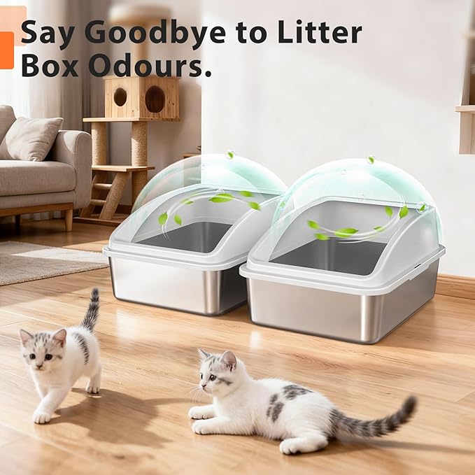 2 Pack Stainless Steel Litter Box for Kitty | Metal Kitty Litter Box with Lid High Sided for Small Cats or Injured Cats, Bunny Litter Boxes, Low Entry, Odor-Free, Non-Stick,Includes Scoop