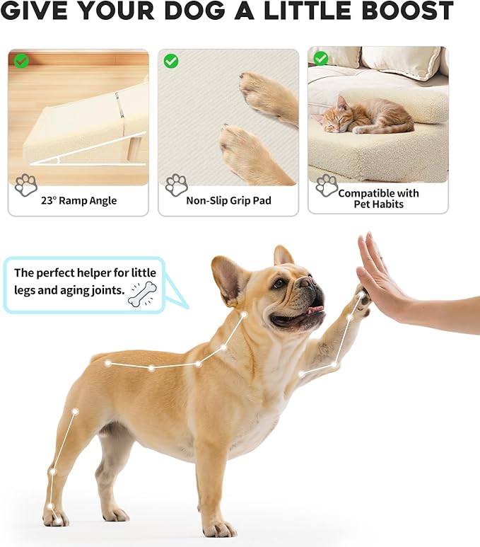 Dog Stairs for Small Dogs and Cats – 2-in-1 Dog Ramp for Couch and Low Bed, 16.5'' Foldable Wooden Pet Ramp, Sturdy Multi-Use Split Ottoman Design, Beige