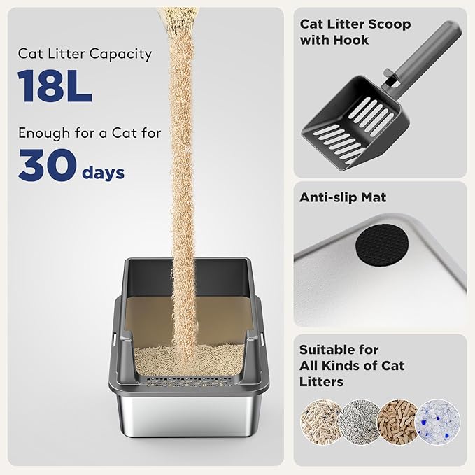 FURTIME 2 Pack Stainless Steel Cat Litter Box with Lid, Metal Kitty Litter Box for Small Cats, Kitten Litter Boxs with Non-Sticky, Anti-Leakage, Easy to Clean, 17"x13"x8.4" (Small)