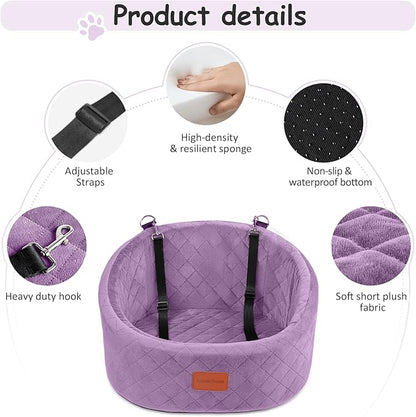 Lealchum Dog Car Seat for Small Dogs Up to 30 Lbs,Ultra Soft Fabric Fill in Comfy Memory Foam,Happy Pet Ride,2 Safety Dog Leashes,Fully Detachable and Washable,Anti Slip Base(Purple)