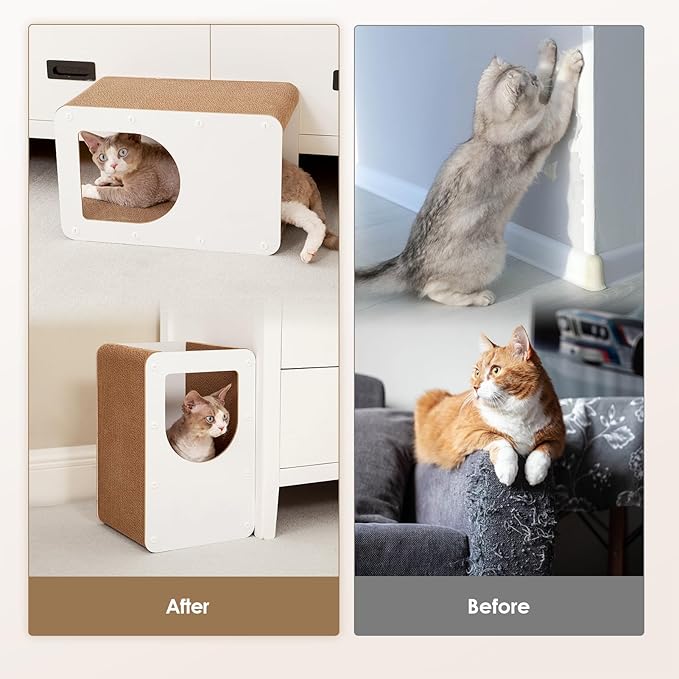 EHEYCIGA Cardboard Cat Scratcher House, 17-Inch Corrugated Cat Scratcher for Indoor Cats, Kitten Scratching Board Pad, White