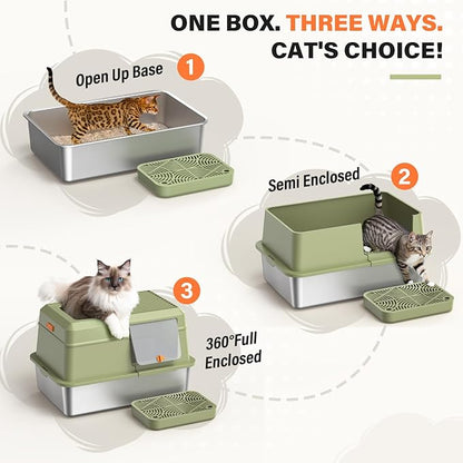 Stainless Steel Cat Litter Box with Scoop, Metal Litter Box High Sided, Cat Litter Box Enclosure, XL Extra Large High-Sided Litter Boxs (Anti-Urine Leakage, Include Scoop) (Green)