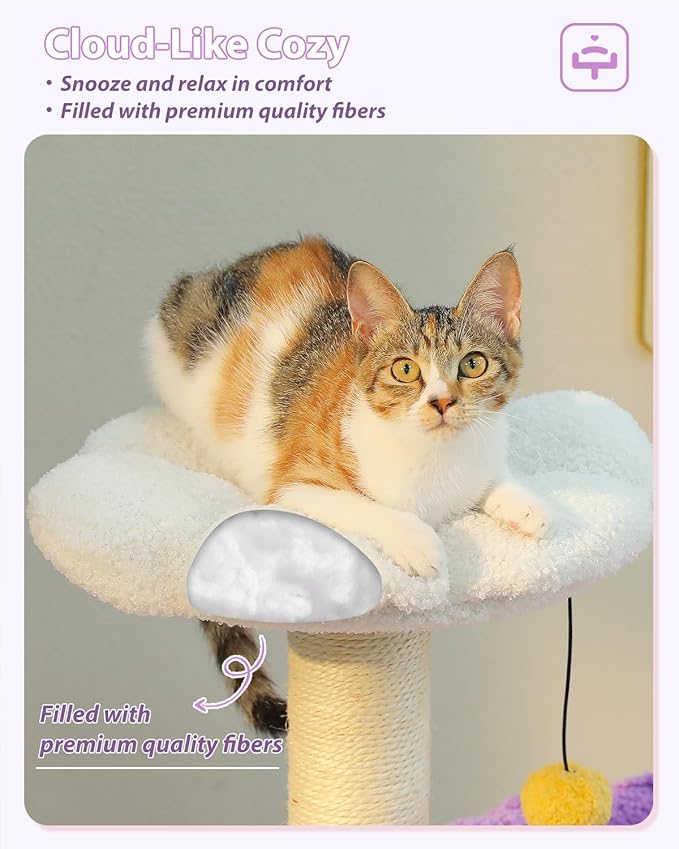 Purple Flower Cat Tree for Small Indoor Cats w/Large Metal Frame Hammock, 35" Cute Cat Tower with Sisal Scratching Posts, Cozy Condo with Cloud White Bed for Kittens