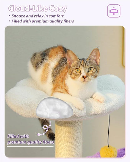 Purple Flower Cat Tree for Small Indoor Cats w/Large Metal Frame Hammock, 35" Cute Cat Tower with Sisal Scratching Posts, Cozy Condo with Cloud White Bed for Kittens
