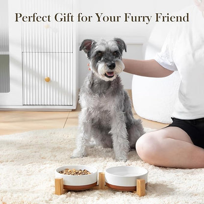 MALACASA Ceramic Dog Bowls Small Size Dog with Wood Stand, 1.5-Cup Ceramic Puppy Bowls for Cats & Small Dogs, Dual Food and Water Bowls with Weighted Non-Slip Base, Glaze Matte,14 Oz