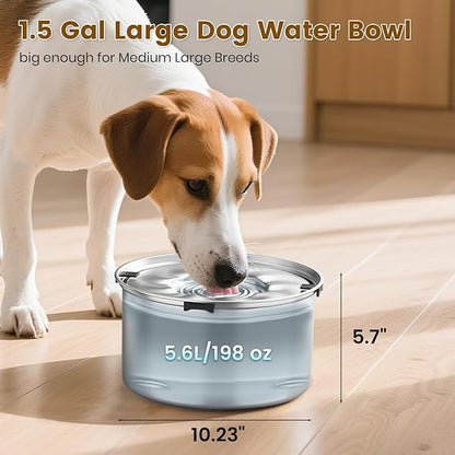 Dog Water Bowl 1.5Gal Stainless Steel No Spill Water Bowl for Dogs, 5.6L Large Capacity Spill Proof Slow Drinking Dog Water Feeder with Anti-Slip for Medium Large Messy Drinkers