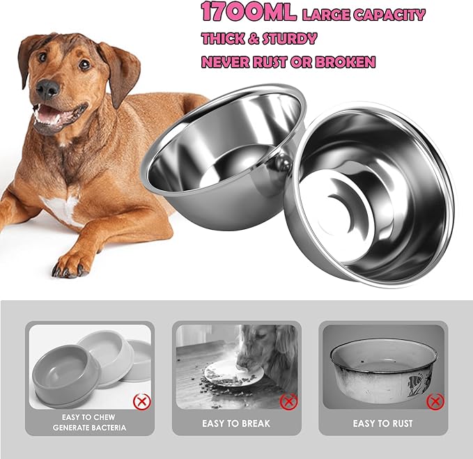 Raised Dog Bowl Stand for Large Medium Dogs, Elevated Dog Bowls with Sprill Proof Mat &Two 58OZ Stainless Steel Bowls,Pink