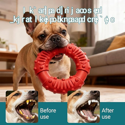 Natural Rubber Indestructible Dog Chew Ring Toys, Interactive Dog Toys for Aggressive Chewers,Dental Teething Training Toys with Textured Nodules, Durable Pet Dog Toy for Boredom (Red)