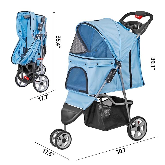 ZENY Foldable Pet Stroller, Cat/Dog Stroller with 3 Wheel, Pet Strolling Cart, Dog Travel Carrier with Storage Basket + Cup Holder (Blue)