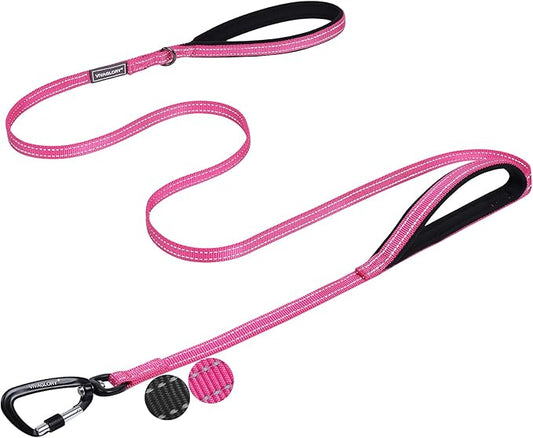 VIVAGLORY Dog Leash Twingrip Double Handle Dog Leash with Traffic Handle Control & 2 Loop for Walking & Training, Reflective Heavy Duty for Puppy Pet Collar, 4ft x 1/2in, Pink