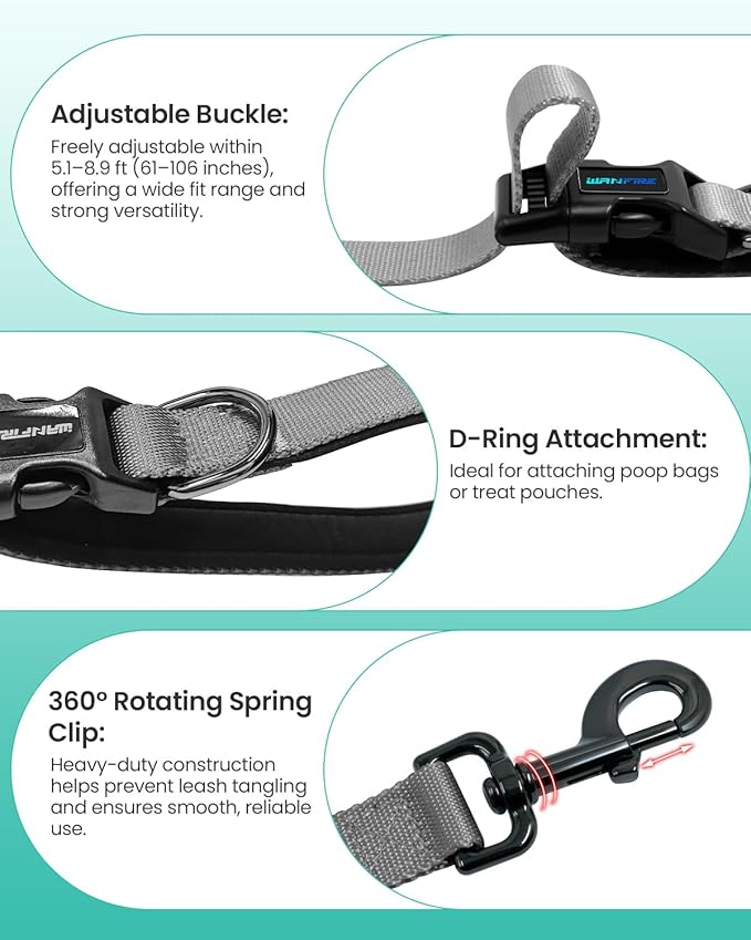 Hands Free Dog Leash, 5.1-8.9Ft Crossbody Long Leash, Waist Dog Belt for Small & Medium Dogs, City Walking & Running Outdoor Hiking &Travel etc. (Grey Green)