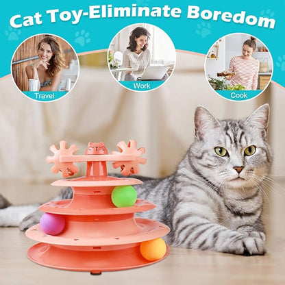 UPSKY Cat Toy Roller 4-Level Turntable Cat Toy Balls with Three Colorful Balls and Bell Ball X Turntable Interactive Kitten Fun Mental Physical Exercise Puzzle Toys
