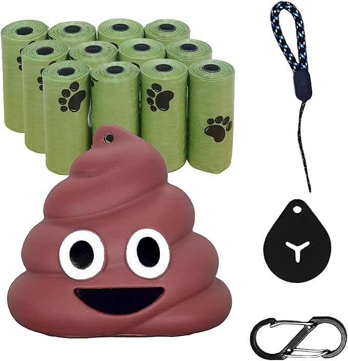 QMEAKMONY Dog Poop Bag Set with Funny 3D Poop Dispenser - 180 Bags (12 Rolls, 15 pcs/Roll), Scented Odor-Neutralizing, Hands-Free holder for Leash/Backpack, Meets Months of Use.(180 Counts)