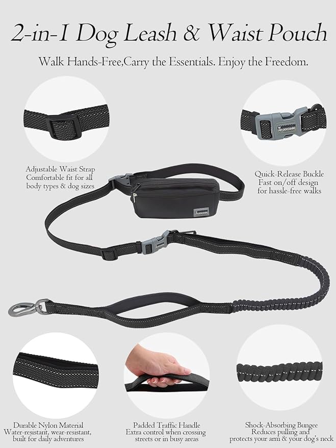 Hands Free Dog Leash with Zipper Pouch & Waist Belt – Reflective Durable Bungee Leash with Dual Padded Handles for Walking, Jogging & Running, Fits Small to Large Dogs (Black)