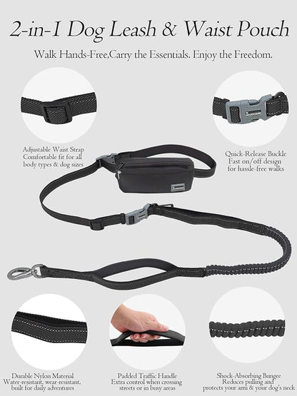 Hands Free Dog Leash with Zipper Pouch & Waist Belt – Reflective Durable Bungee Leash with Dual Padded Handles for Walking, Jogging & Running, Fits Small to Large Dogs (Black)