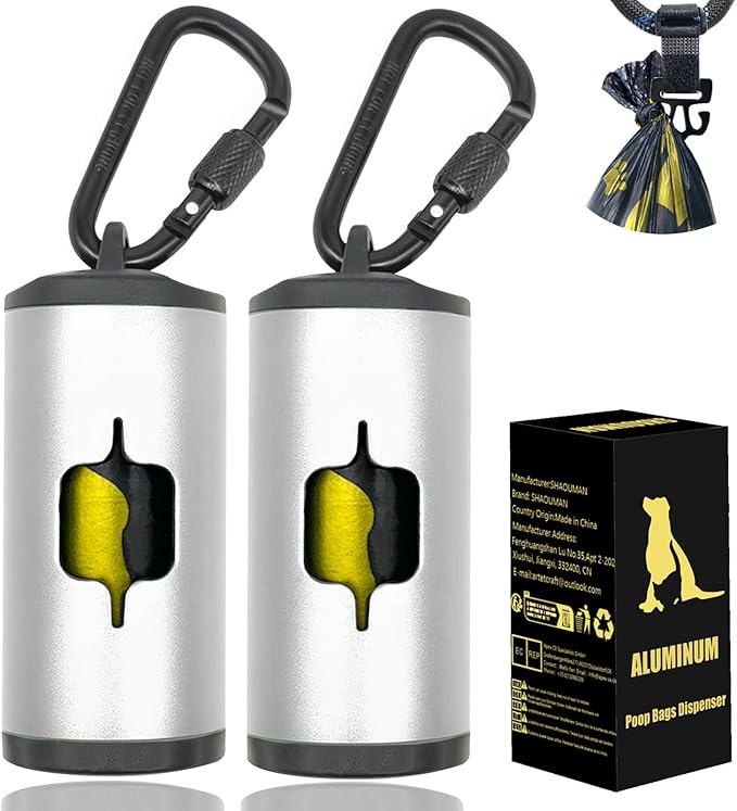Metal Dog Poop Bag Holder 2-Pack w/Leash Clip|Durable Scratch-Resistant Aluminum|30 Bags+6 Accessories（Silver）