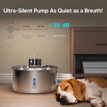 Voluas Dog Water Fountain: 1.8Gal/7L Wireless Stainless Steel Dog Fountain Bowl for Small to Large Dogs, Battery Operated Pet Water Dispenser Indoor with Ultra-Quiet Pump, Easy Clean, 6 Filter