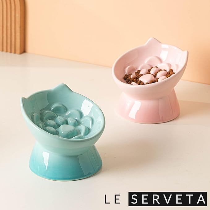 Macarons Series Ceramic Slow Feeder Cat Bowl, Raised Puzzle Feeder, Anti Vomiting Cat Slow Feeding, Elevated Food Bowl, Whisker Friendly Pet Bowl with Cute Ear Design (Gradient Yellow)