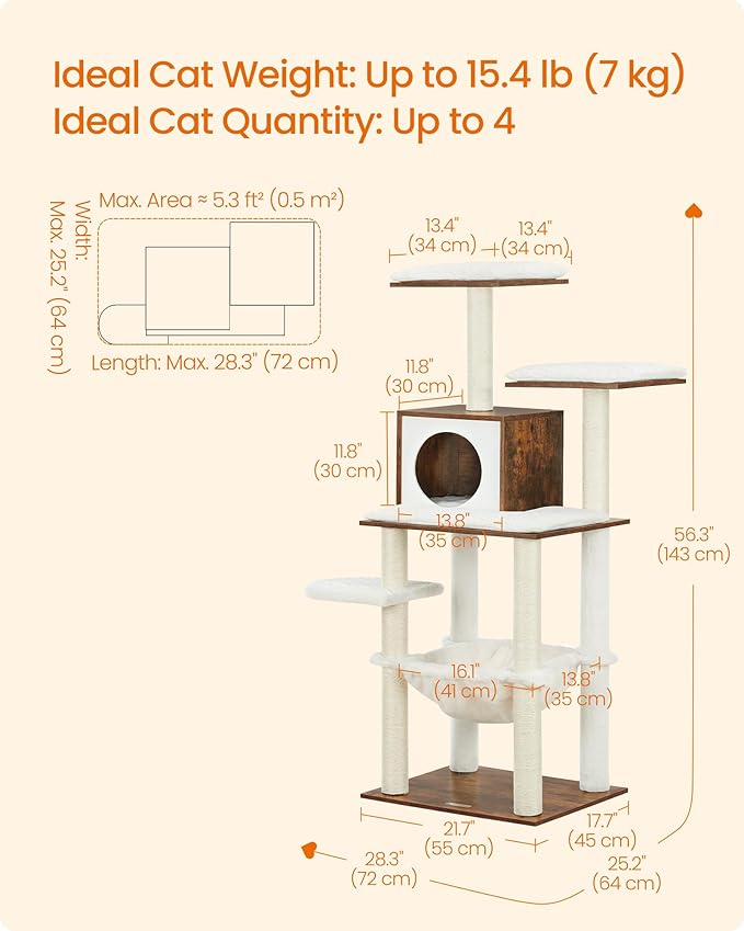 Feandrea Cat Tree, 56.3-Inch Modern Cat Tower, Multi-Level Plush Condo with Scratching Posts, Hammock, Washable Cushion, Rustic Brown UPCT164X01