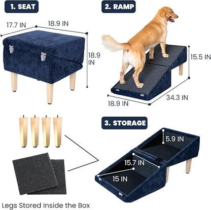 3-in-1 Dog Ramp 18.9"×17.7"×18.9" with Storage – Pet Stairs for Senior & Injured Dogs & Cats, Hidden Storage Footstool, Ottoman Anti-Slip, Supports 220 lbs for Beds & Sofas