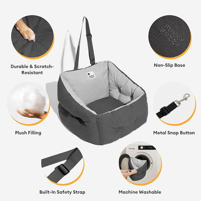 FUNNY FUZZY Dog Car Booster Seat for Small/Medium Dogs Up to 39lbs – Waterproof Fabric, Non-Slip Base, Safety Leash, Fully Detachable & Machine Washable Cover (Gray)