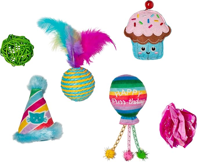 Fringe Studio Happy Purr-THDAY, Set of 6, Multipack Cat Toy Set, Pet Shop Collection (610007)