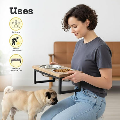 Elevated Dog Bowls, Medium 5.2 Height Mango Wood Raised Dog Bowl Iron Stand Frame with 64oz 2 Pcs Stainless Steel Pets Dishes, Food & Water 8Cup, 1.9L Capacity Nonslip Cat Feeding Station