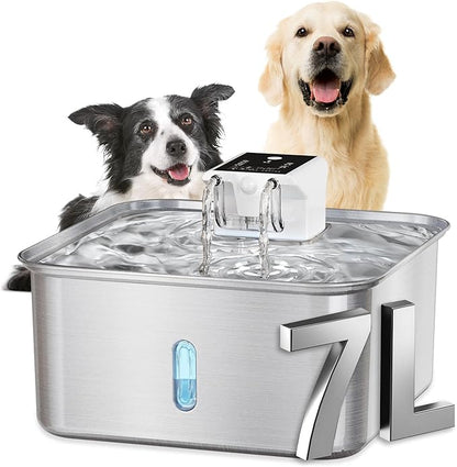 Wireless Dog Water Fountain - Dog Water Bowl Dispenser, 7L/236oz Large Capacity Stainless Steel Cat Fountain with Motion Sensor, Auto Water Dispenser for Multi-Pet Home (8 Filters+8 Sponges)