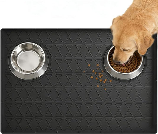 Large Silicone Dog Food Mat with Raised Edge, Waterproof Non-Slip Pet Feeding Mat for Floors, Dog Bowl Mat for Food and Water, Spill Proof Cat & Dog Feeding Placemat, Easy Clean, 34 x 22, Black