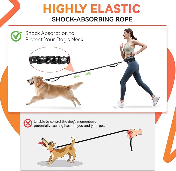 Hands Free Dog Leash with Waist Belt & Zipper Pouch, Heavy Duty Waist Leash for Running, Walking, Jogging and Hiking, Professional Tangle Free Reflective Control Lead for Large Medium Dogs
