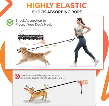 Hands Free Dog Leash with Waist Belt & Zipper Pouch, Heavy Duty Waist Leash for Running, Walking, Jogging and Hiking, Professional Tangle Free Reflective Control Lead for Large Medium Dogs