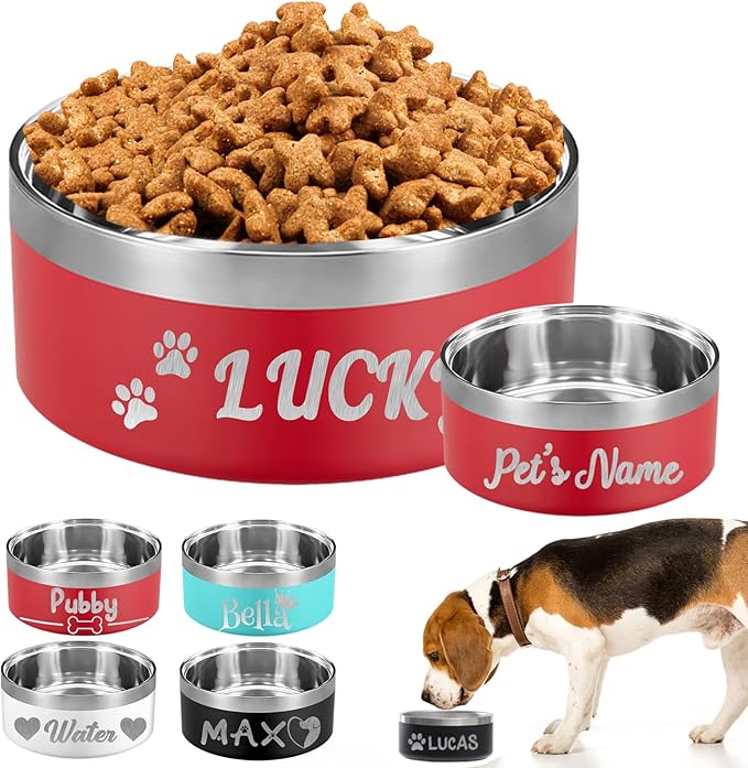 Personalized Dog Bowl Custom Dog Bowls with Name Customized Laser Engraved Stainless Steel Pet Dishes for Large Small Dogs Cat 32/42/64oz Feeding Supplies-Red 42oz