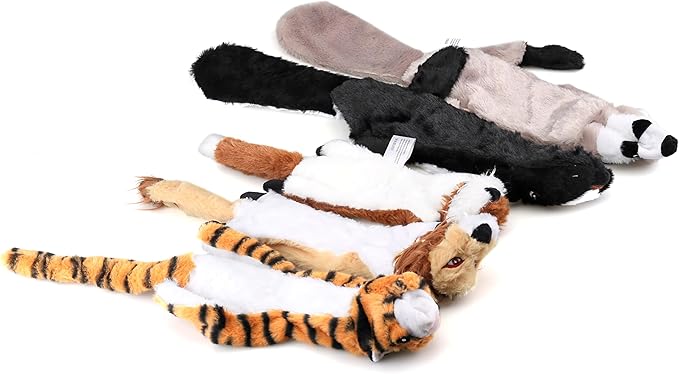5 Pack Plush No Stuffing Double Squeaker Dog Toys, Tiger, Raccoon, Skunk, Fox, and Lion for Small, Medium and Large Dogs