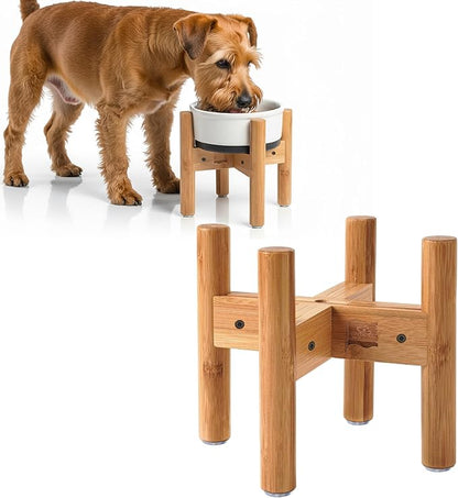 Dog Bowl Stand - Raise, Elevate Bowls to 9-inch High - Adjustable, Fits 6 up to 8-inch Medium Dog Food/Water Feeders, Dishes and Fountains - Durable Bamboo