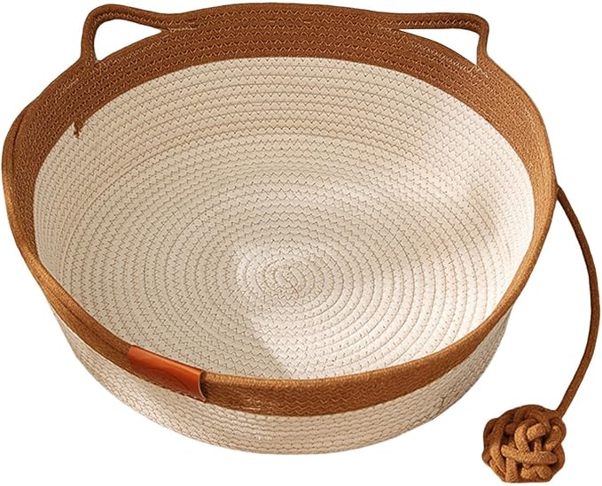 Handwoven Cat Basket with Toy Rope Ball, Foldable Scratchable Cat Hammock Bed, Breathable Cat Basket for Indoor Play Rest Sleeping (Brown)