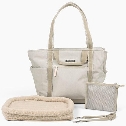 Cleverpup Transit Tote Dog Carrier for Small/Medium Dogs 8-20 lbs, 19x12x9 Soft-Sided 4-Pc Set with Waterproof Base, Plush Insert, Food Pouch, Mesh Head Opening - Medium, Sand