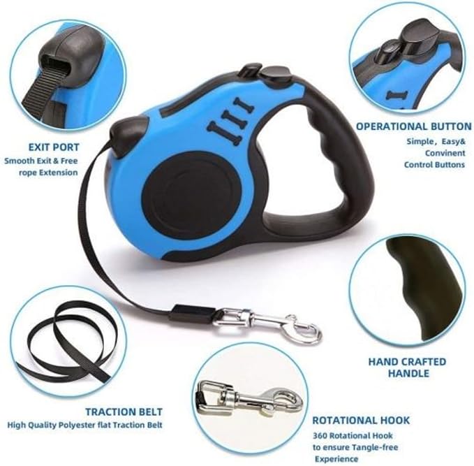 SALAN Retractable Dog Leash, 16.5 feet Pet Lead with Anti-Slip Handle, Durable Training Leash for Small Medium Dogs Cats, Red and Blue (Blue)