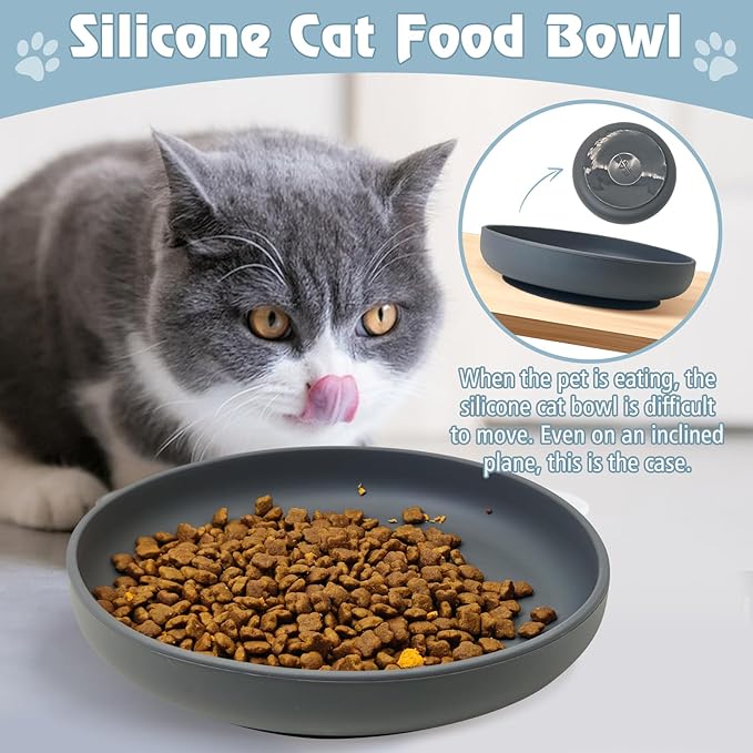 BNOSDM Silicone Dog Bowl Non-Slip Cat Food Plate 2 Pcs Flat Dog Bowls with Suction Cup Shallow Puppy Food and Water Dish for Small and Medium Pets (Steel Gray)