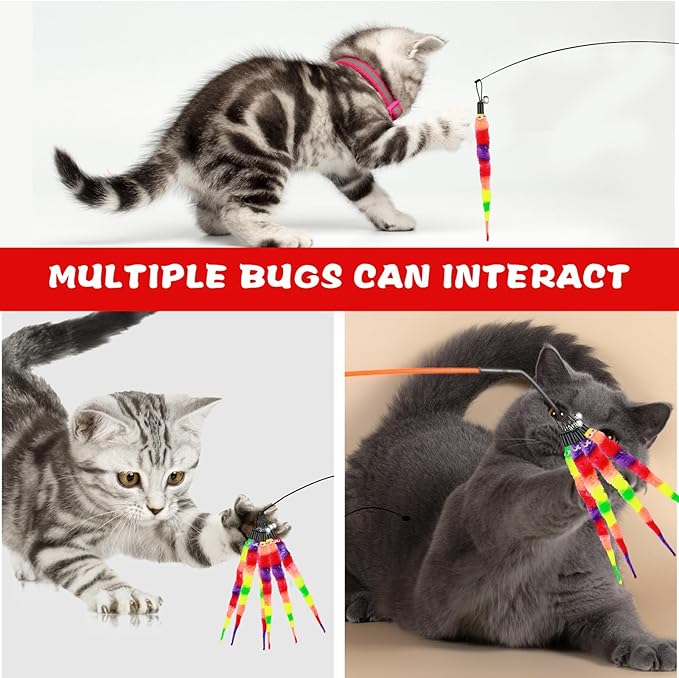 Cat Toys, 12pcs Rainbow Cat Worm Toys Cat Wand Toy Replacement Refills Cat Feather Toys Interactive Fluffy Worms Toys with Bells for Indoor Cats Kitten Training Accessories