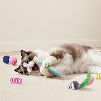 Cat Toys for Indoor Cats, 34 Packs Interactive Cat Toy Set with Colorful Springs Toys, Mouse Toy, Catnip Ropes, Balls, Bells, and Sisal Ball for Kittens