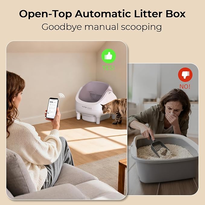 Automatic Cat Litter Box Self Cleaning, App Control, Open-Top Automatic Litter Box with Safety Sensors, Ultra-Quiet, 10.5L Waste Bin with Odor Control, 2 Rolls of Garbage Bags, Champagne
