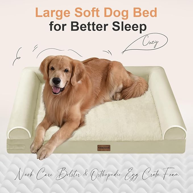 Large Dog Bed Orthopedic Washable: Jumbo Dog Bed Bolster Extra Large Dogs Egg Crate Foam Sofa Couch Waterproof Removable Cover - Beige