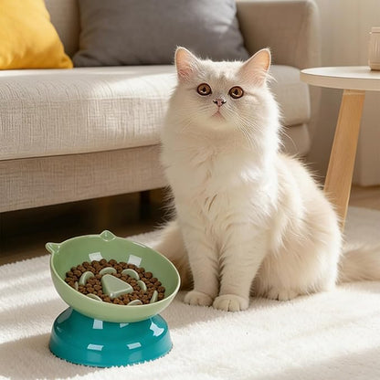 Slow Feeder Cat Bowl, Ceramic Cat Slow Feeder,Elevated Anti Vomiting Whisker Friendly Tilted Design,for Dry and Wet Food,Dishwasher Safe (Green)