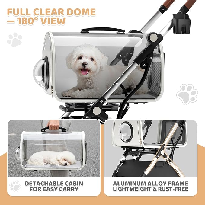 Magshion Dog Stroller with Detachable Carrier, Clear PC Dome Pet Stroller for Small & Medium Dogs & Cats up to 33 lbs, Lightweight Foldable Pet Cart, PU Wheels, Storage Basket & Cup Holder