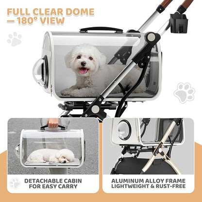 Magshion Dog Stroller with Detachable Carrier, Clear PC Dome Pet Stroller for Small & Medium Dogs & Cats up to 33 lbs, Lightweight Foldable Pet Cart, PU Wheels, Storage Basket & Cup Holder