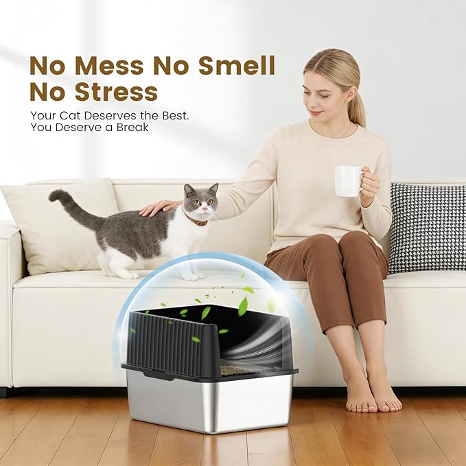 11.8" High Sided Cat Litter Box, Open-Top, Low Entry for Kittens & Small Cats, Stainless Steel Litter Pan Easy to Clean, Anti-Leak, Compact Space-Saving Size(17.3" L x 13.4" W × 11.8" H)