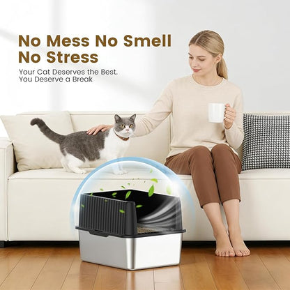 11.8" High Sided Cat Litter Box, Open-Top, Low Entry for Kittens & Small Cats, Stainless Steel Litter Pan Easy to Clean, Anti-Leak, Compact Space-Saving Size(17.3" L x 13.4" W × 11.8" H)