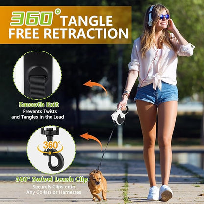 Retractable Dog Leash with Flashlight, 16ft Dog Walking Leash for Dogs up to 77lbs, 360° Tangle-Free Nylonup Leash, Anti-Slip Handle -White